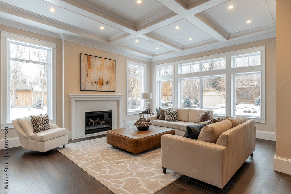 Modern American style living room with wood flooring and white accents Modern American style living room with wood flooring and white accents