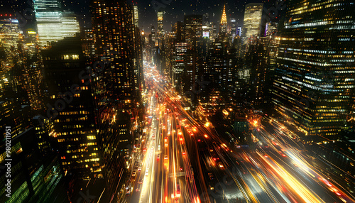 A bustling city at night, with skyscrapers illuminated and traffic creating streaks of light