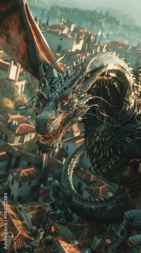 Fototapeta premium Ancient Greek mythology, Ladon, a giant multi-headed dragon within a town, cinematic lighting.