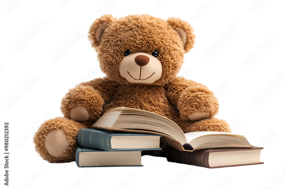 A teddy bear perched atop a stack of colorful books, creating a cozy and inviting reading atmosphere. A teddy bear perched atop a stack of colorful books, creating a cozy and inviting reading atmosphere.