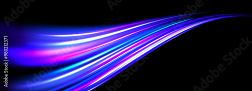 Glowing neon light trail background. Bright blue purple speed lines. Magic luminous curved road concept. Abstract bent dynamic moting stripes. Shiny streaks for poster, banner, flyer, brochure. Vector
