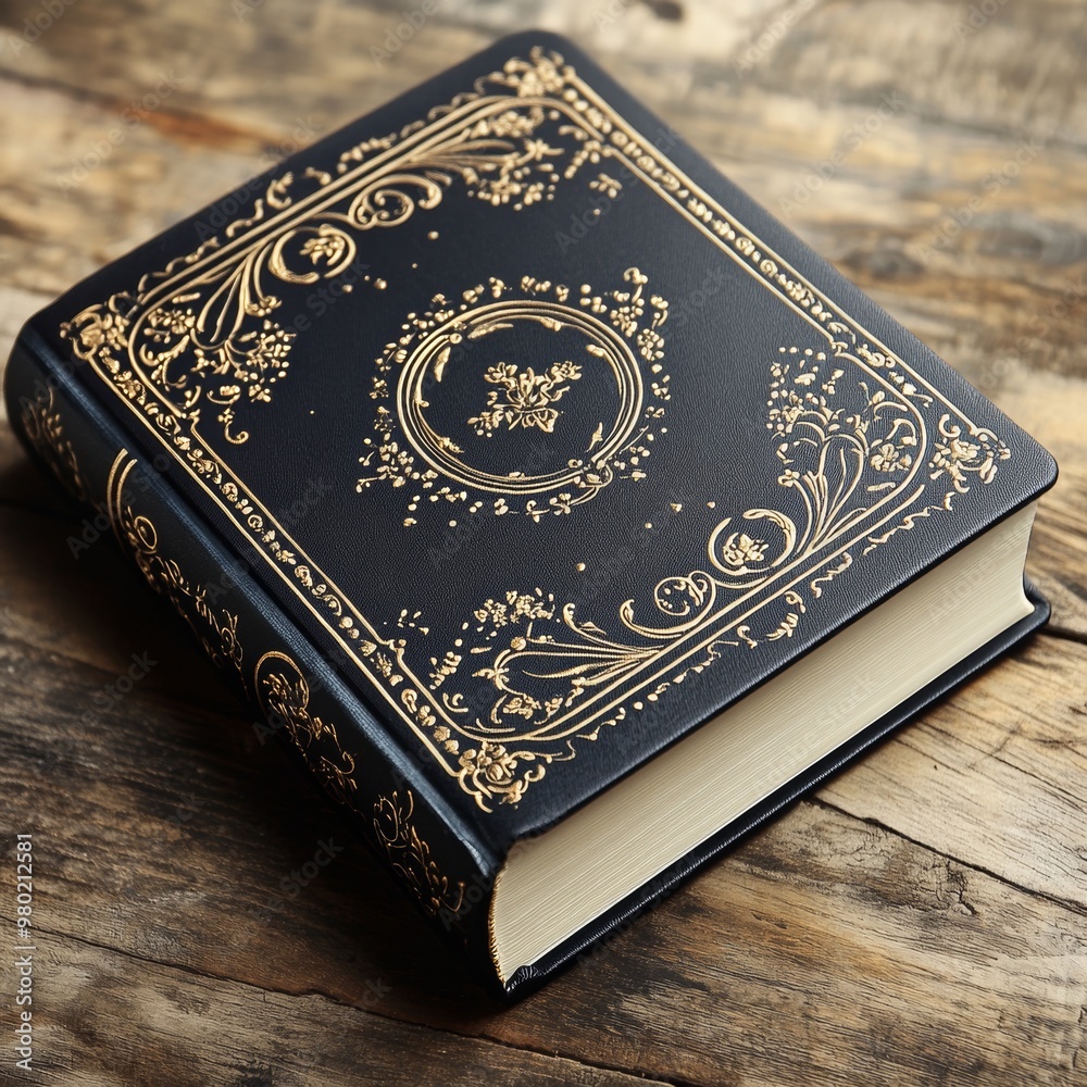 Fototapeta premium Antique Book with Gold Embellishments on Wooden Table