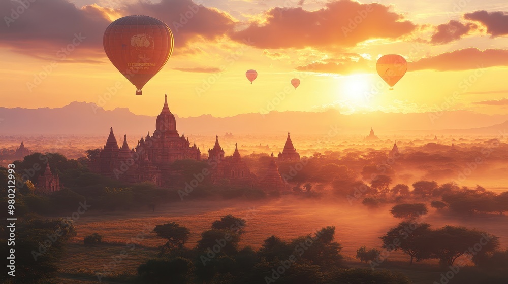 Hot Air Balloons Soaring Over Ancient Temples at Sunrise Hot Air Balloons Soaring Over Ancient Temples at Sunrise