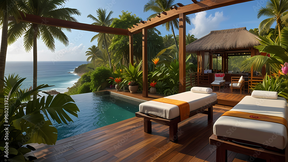 Fototapeta premium tropical beauty spa set in a lush jungle, with wooden walkways leading to private massage huts