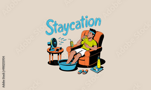Staycation relaxing at home with snacks and fan illustration