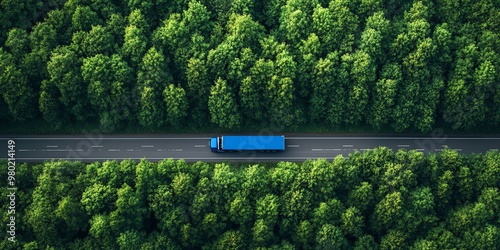 Aerial view of a blue semi-truck driving on a highway through a dense green forest.