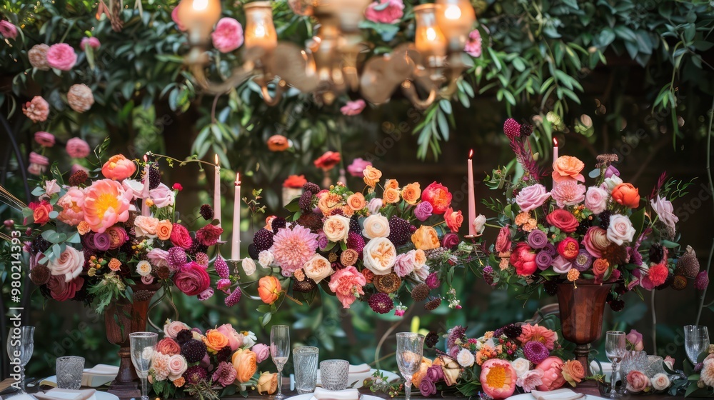 Fototapeta premium Romance and elegance with a stunning floral arch placed in front of the backdrop and dining table. To create a focal point for celebrating love.