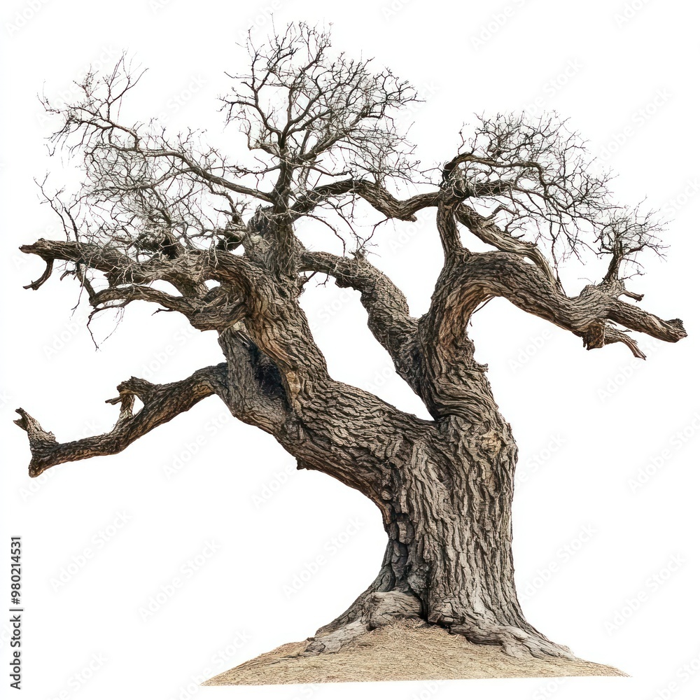 A centuries-old tree, isolated on white, with focus on its thick, gnarled branches and aged bark A centuries-old tree, isolated on white, with focus on its thick, gnarled branches and aged bark