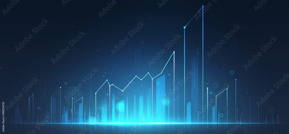 Fototapeta premium Digital Blue Line Graph with Upward Trend on Dark Navy Background, Representing Business Growth and Financial Success