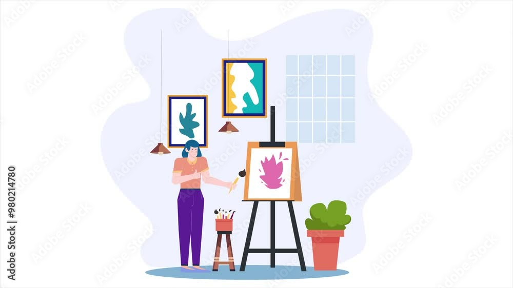 a female artist painting an abstract piece on canvas in a modern studio with vibrant artwork and indoor decor illustration animated video