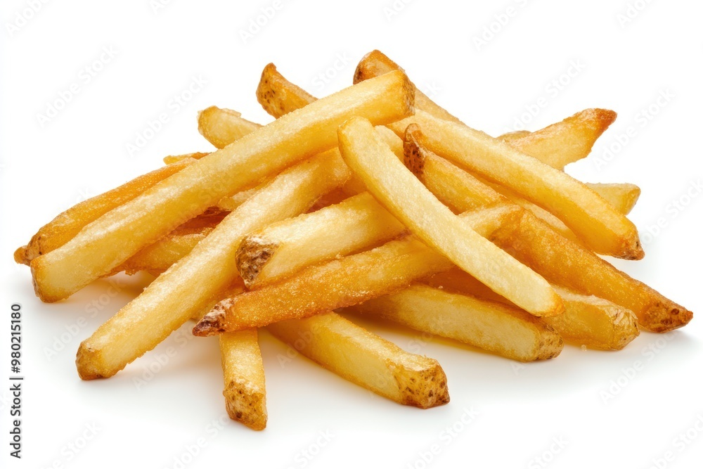 A handful of French fries, isolated on white, with sharp details of their crispy edges A handful of French fries, isolated on white, with sharp details of their crispy edges