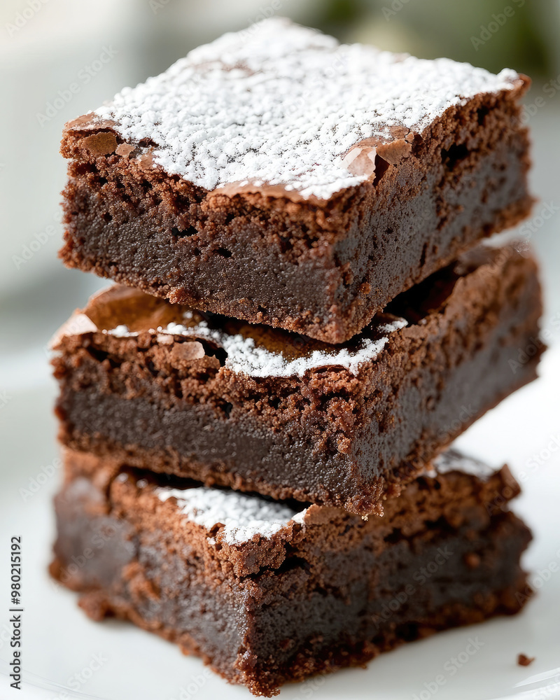 Delicious chocolate brownies stacked high, dusted with powdered sugar, showcasing rich, fudgy texture. Perfect for dessert lovers and delightful treat for any occasion