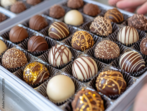 Indulge in luxurious assortment of chocolate bonbons featuring intricate designs and rich textures. Each piece is delightful treat, perfect for any chocolate lover