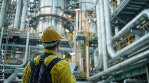 close-up of industrial pipes of oil refinery, back of engineer, technician, reading drawing, drawing, industrial engineering, blueprint, industrial background.