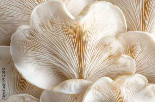 A close up of fresh oyster mushrooms with visible gills and white color arranged in an elegant pattern