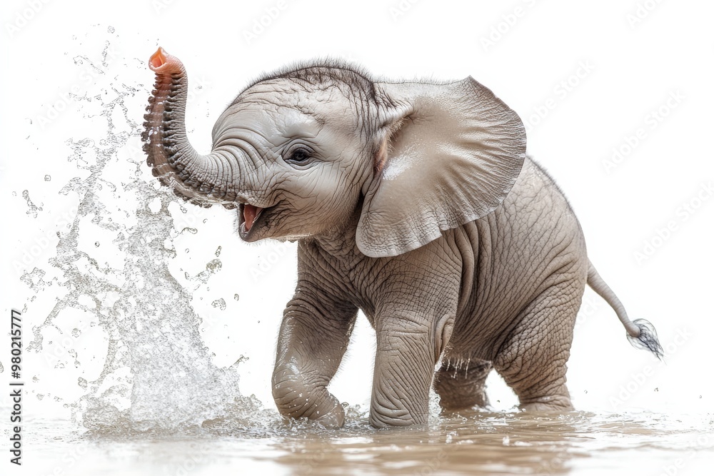 Fototapeta premium A baby elephant splashing in the water