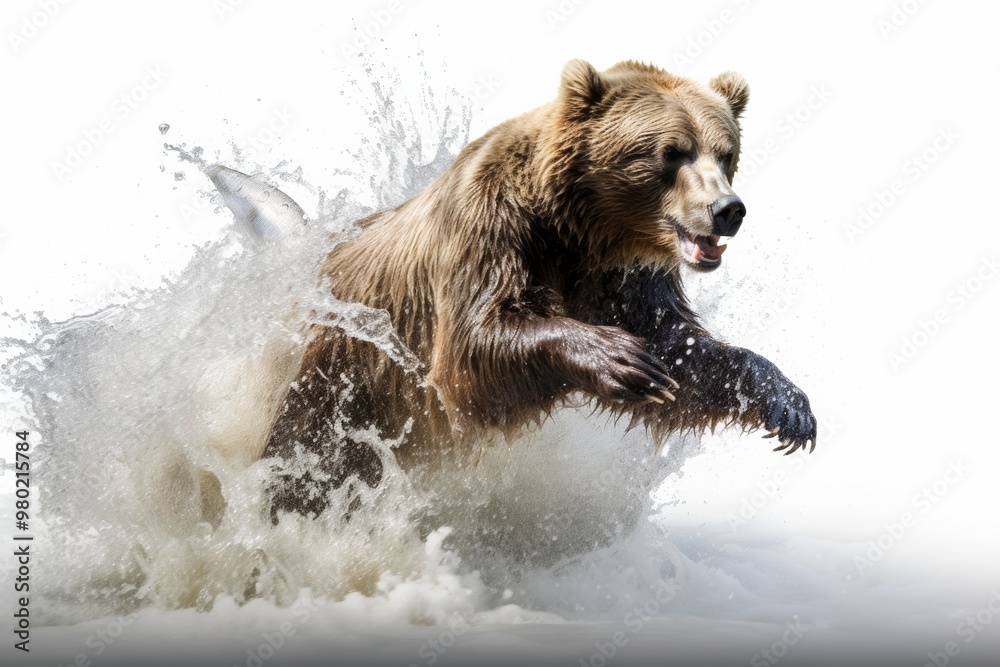 Bear catching salmon in a river, showcasing the survival instincts of wild animals ,Isolated on transparent background Bear catching salmon in a river, showcasing the survival instincts of wild animals ,Isolated on transparent background