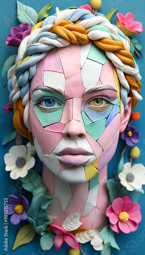 Colorful Abstract Geometric Portrait with Floral Elements Art