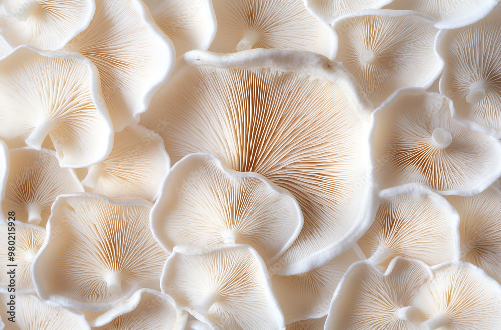 A close up of fresh oyster mushrooms with visible gills and white color arranged in an elegant pattern A close up of fresh oyster mushrooms with visible gills and white color arranged in an elegant pattern