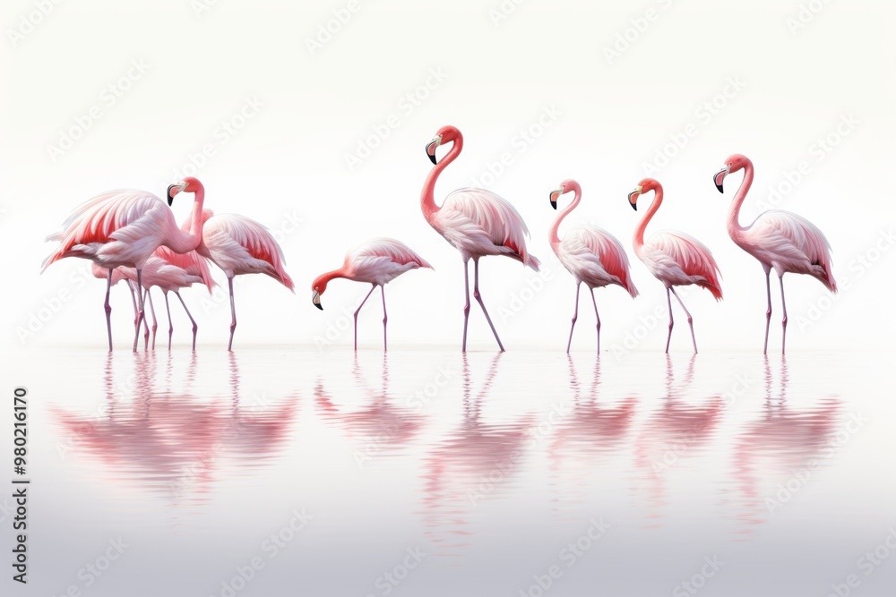 Obraz premium Group of flamingos standing in shallow water with reflections, capturing exotic wildlife ,Isolated on transparent background.