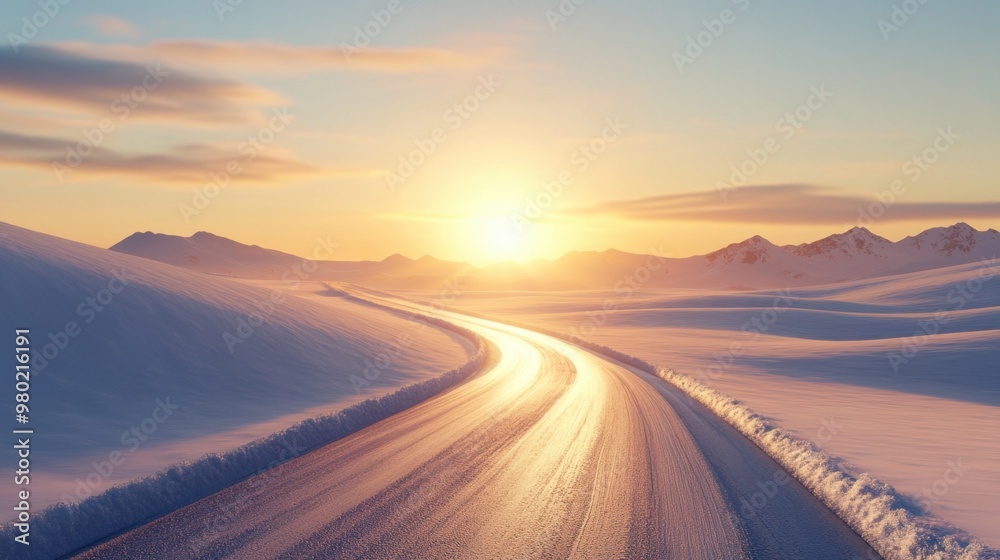 Fototapeta premium A serene winter road winding through snowy mountains at sunrise, casting a warm golden glow and shadows on the pristine snow.