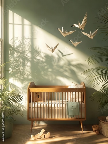 A 1950sinspired childrens room with origami swans flying above a retro crib, soft pastel tones and nostalgic furniture, natural sunlight pouring in photo