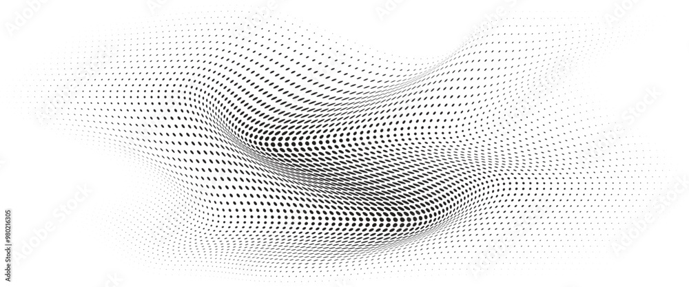 Flowing Wave Dot Halftone Pattern: Curve Gradient Shape on Transparent Background. Suitable for AI, Tech, Network, Digital, Science, and Technology Themes. Flowing Wave Dot Halftone Pattern: Curve Gradient Shape on Transparent Background. Suitable for AI, Tech, Network, Digital, Science, and Technology Themes.