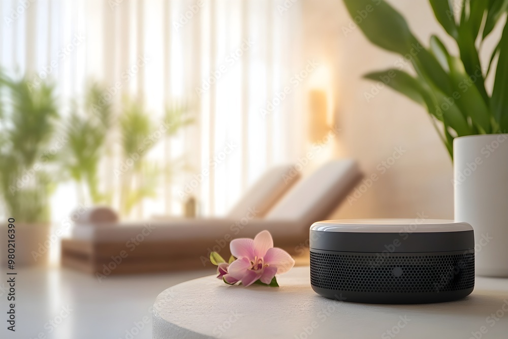 A small device with a flower on it sits on a table in a room A small device with a flower on it sits on a table in a room