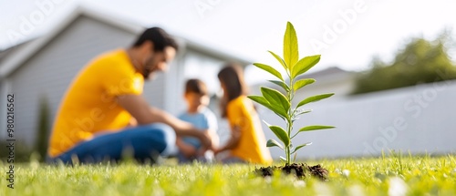 A family is sitting on the grass and a small plant is growing in the dirt