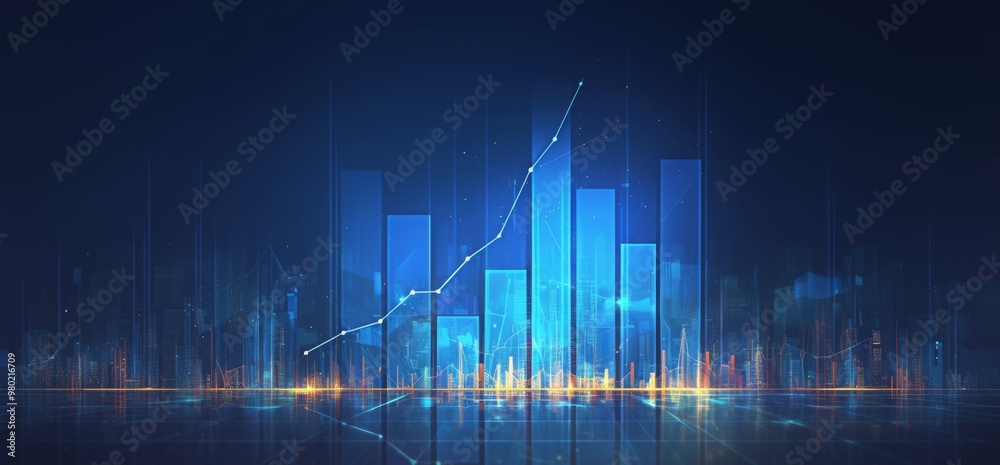 Naklejka premium Upward-Trending Blue Graph Indicating Financial Success on a Dark Background, Symbolizing Growth and Achievement with Copy Space