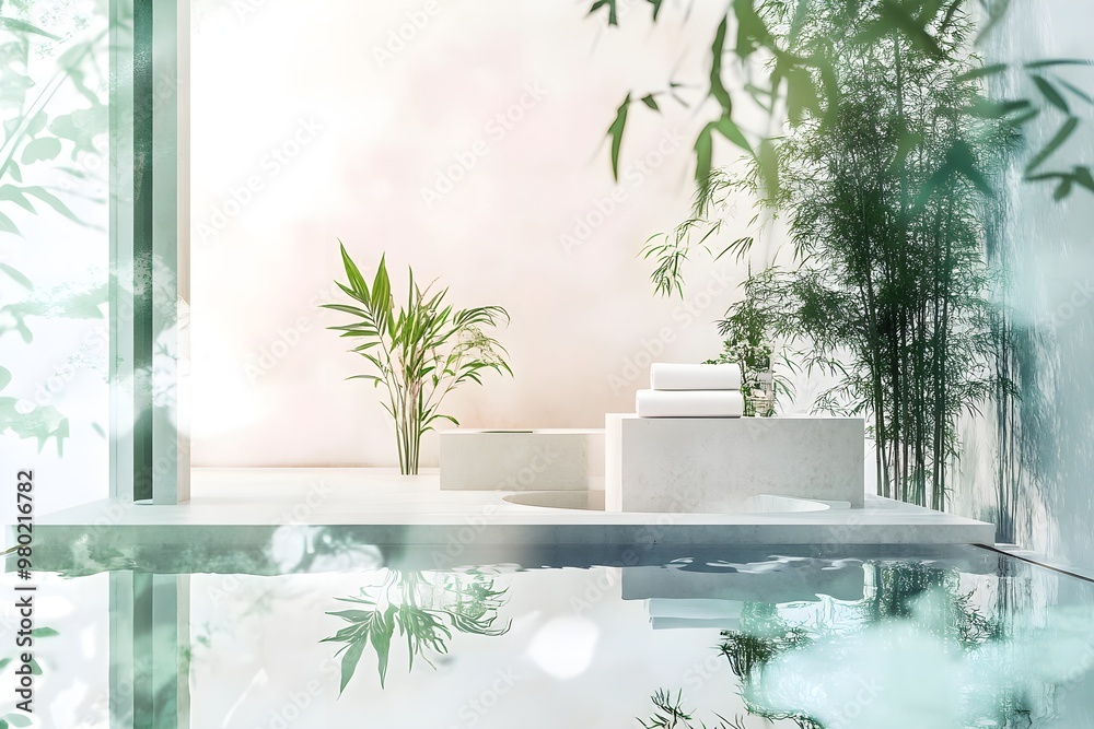 A serene and peaceful scene with a small pond and a lush green bamboo forest A serene and peaceful scene with a small pond and a lush green bamboo forest