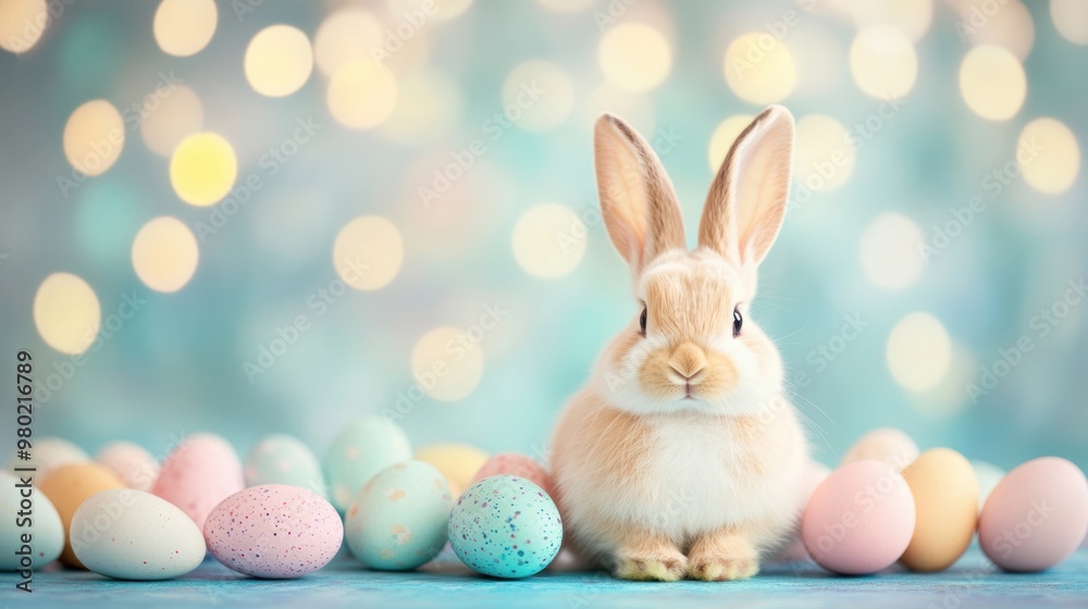 A delightful bunny sits calmly among a variety of pastel-colored eggs, creating a cheerful spring atmosphere