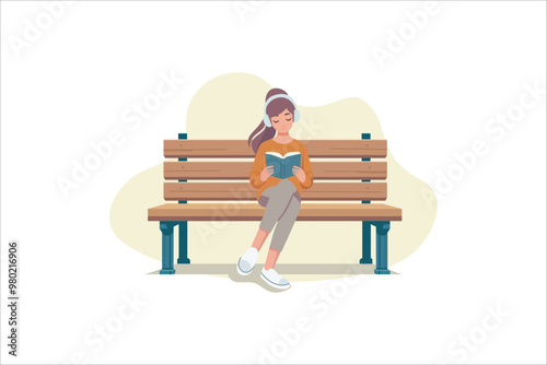 Girl sitting on a bench. Girl listening music. Girl reading book at park bench. Vector illustration.