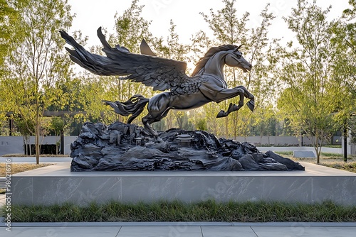 A bronze statue of a winged horse, Pegasus, stands on a stone pedestal in a park setting. photo