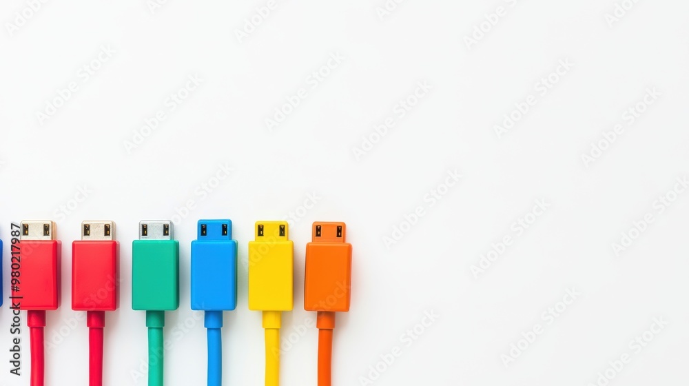 Multi-colored electric plugs arranged in a row on a white background Multi-colored electric plugs arranged in a row on a white background