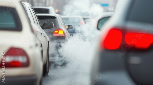 Traffic jams create a buildup of vehicles emitting exhaust fumes while drivers navigate a crowded city street during peak hours