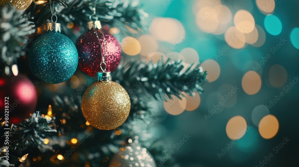 A close-up of a Christmas tree showcases vibrant, glowing ornaments and a soft bokeh backdrop, highlighting festive cheer and warmth A close-up of a Christmas tree showcases vibrant, glowing ornaments and a soft bokeh backdrop, highlighting festive cheer and warmth