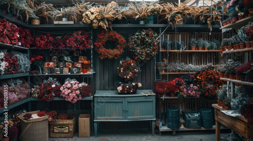 A florist's workplace decorated with dried flowers, wreaths and accessories. Extensive copy space celebrates the art of floral decoration, flower arranging.