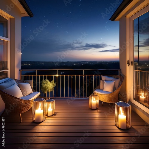 Cozy evening balcony with candles and a romantic setting under the stars with a soft glow
