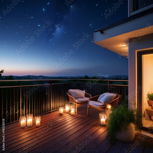 Cozy evening balcony with candles and a romantic setting under the stars with a soft glow
