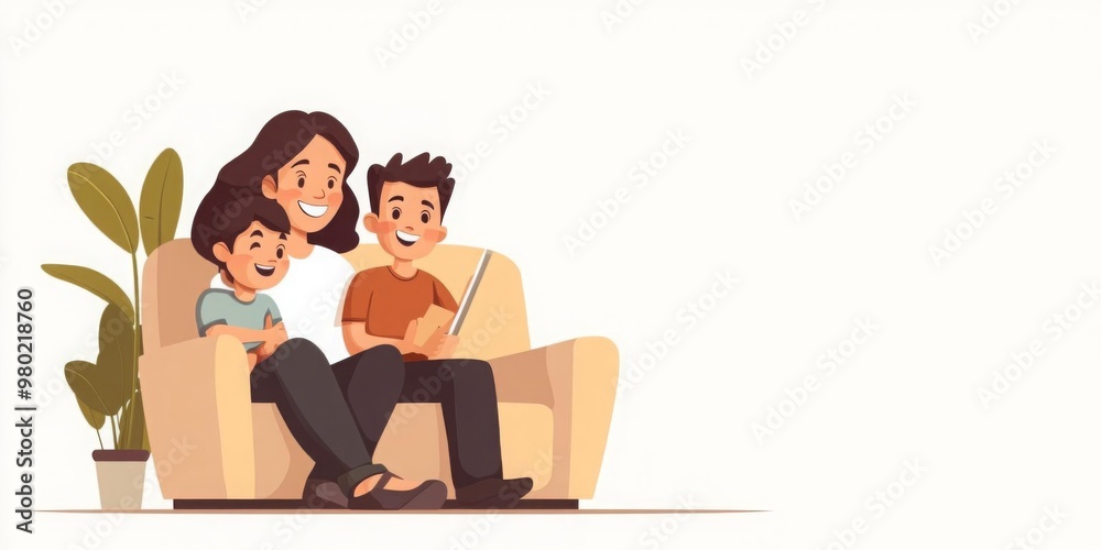 A family sitting together on a couch flat design, front view, cozy theme, cartoon drawing, Splitcomplementary color scheme A family sitting together on a couch flat design, front view, cozy theme, cartoon drawing, Splitcomplementary color scheme