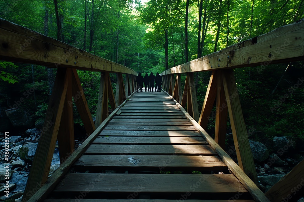 Fototapeta premium A wooden bridge in the middle of a forest, where shadowy figures lurk beneath its beams