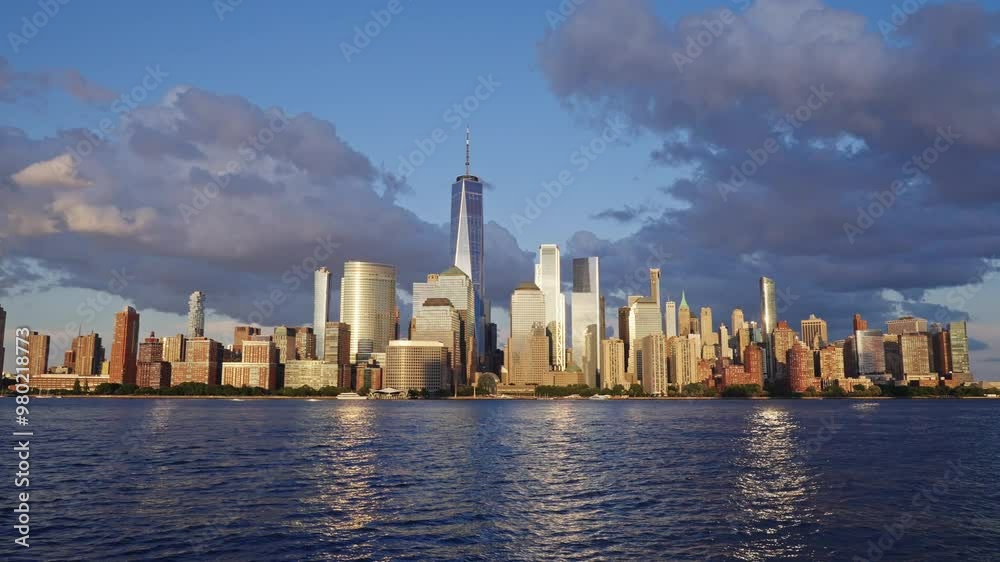 New york NY. Manhattan New York Cityscape NYC. New York Manhattan time laps at dusk. Sunset in New York Lower Manhattan Financial District Hudson River.