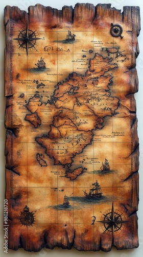 ancient nautical treasure map weathered parchment with intricate illustrations of sea monsters compasses and hidden islands teastained and torn edges photo