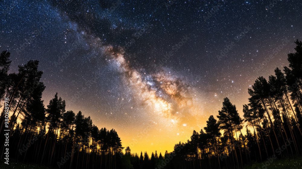 A breathtaking view of starry night sky filled with vibrant Milky Way galaxy, framed by silhouettes of tall trees against warm horizon. scene evokes sense of wonder and tranquility A breathtaking view of starry night sky filled with vibrant Milky Way galaxy, framed by silhouettes of tall trees against warm horizon. scene evokes sense of wonder and tranquility
