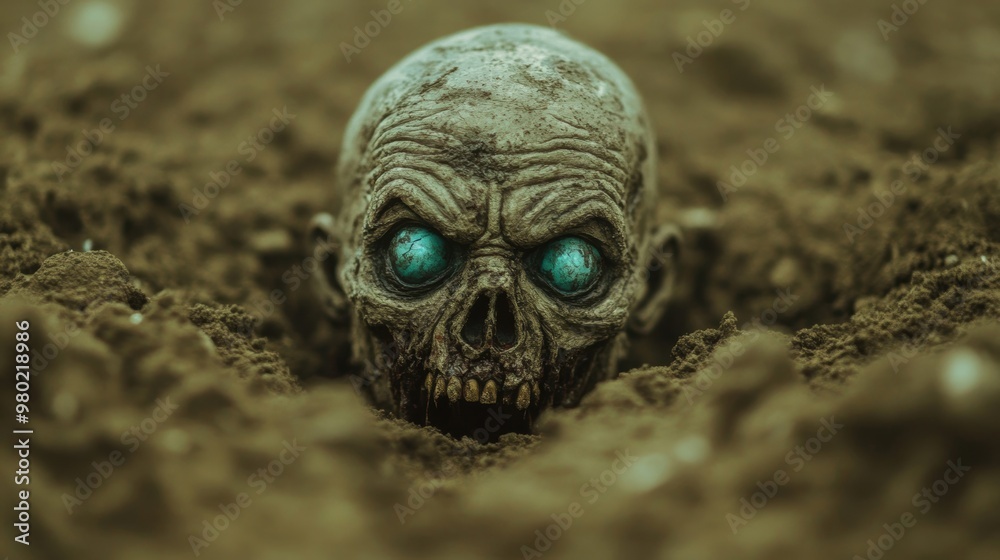A zombie crawls out of the earth at night, its eerie glowing eyes and decomposed appearance creating a chilling atmosphere