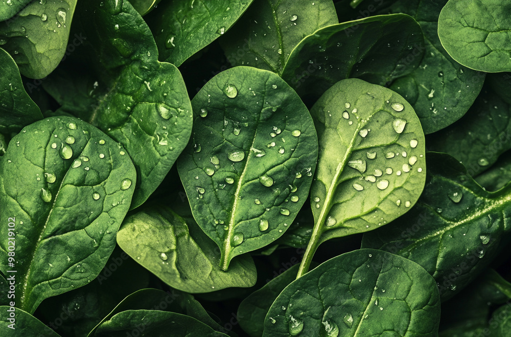 Fototapeta premium fresh green spinach leaves with water drops on them