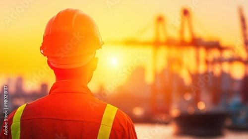 A dock worker watches over container loading as the sun sets, casting golden light across the bustling port environment