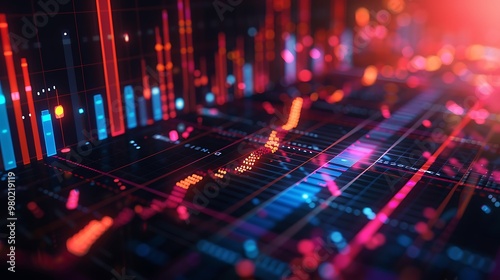 Bar graph with a massive stock spike, futuristic glowing elements
