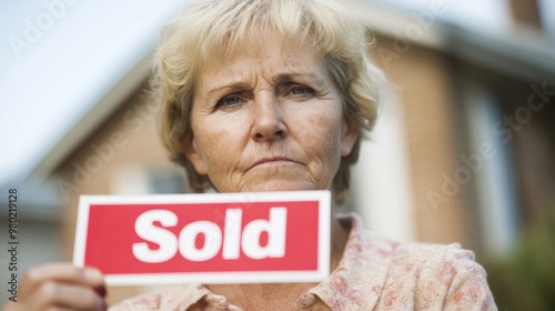 A woman stands in front of her home, holding a sold sign, expressing her disheartened feelings about selling her property photo